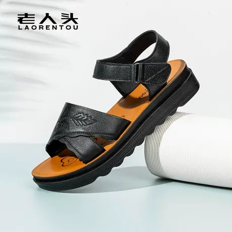 老人头女鞋2025夏季新款真皮凉鞋中老年人平底舒适软底奶奶凉鞋女商品大图