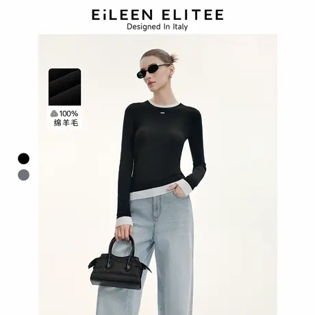 朗姿欧洲EiLEEN ELITEE纯羊毛法式撞色打底衫2024秋新款毛针织衫图片