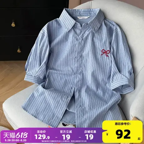 唐狮2025新款夏季女衬衫不规则下摆蝴蝶结少女蓝色百搭休闲短袖bl商品大图