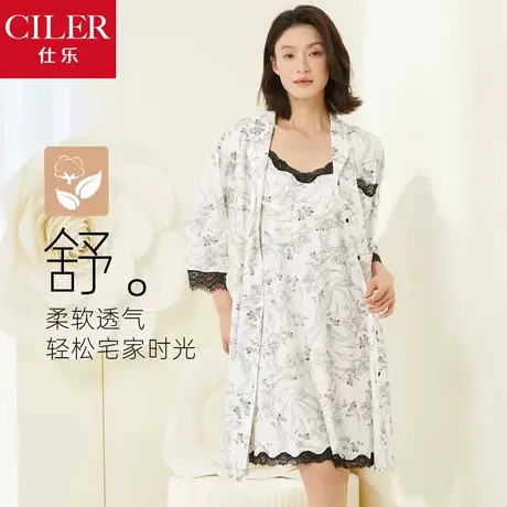 仕乐女士蕾丝吊带棉莫混纺性感睡袍透气薄款八分袖印花睡裙母亲节商品大图