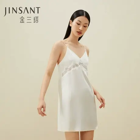 金三塔真丝吊带睡裙春夏100%桑蚕丝性感蕾丝情调内搭睡衣家居服女商品大图