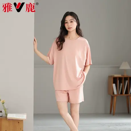 雅鹿睡衣女莫代尔一体胸垫短袖短裤2025年新款简约家居服可外穿夏商品大图