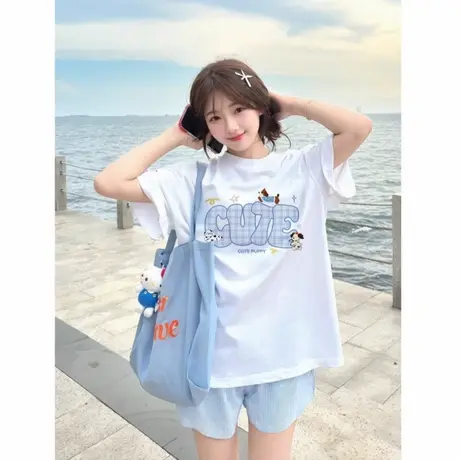 白色清纯系松弛感t恤女2025新款短袖纯棉半袖夏季宽松减龄款上衣图片