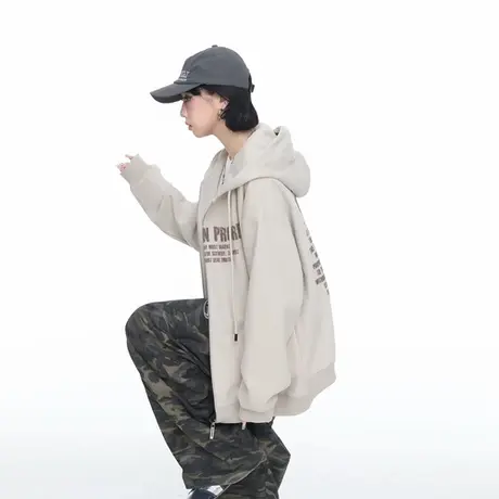 美式复古连帽印花卫衣外套女春秋新款宽松休闲情侣款拉链开衫上衣图片