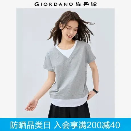 佐丹奴短袖T恤女新款纯棉街头风假两件撞色圆领休闲上衣05325454商品大图