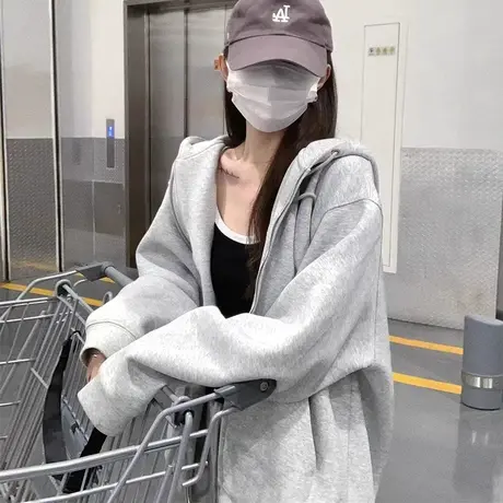 NOW真维斯灰色连帽卫衣女2025新款春秋季外套韩系慵懒风开衫上衣商品大图