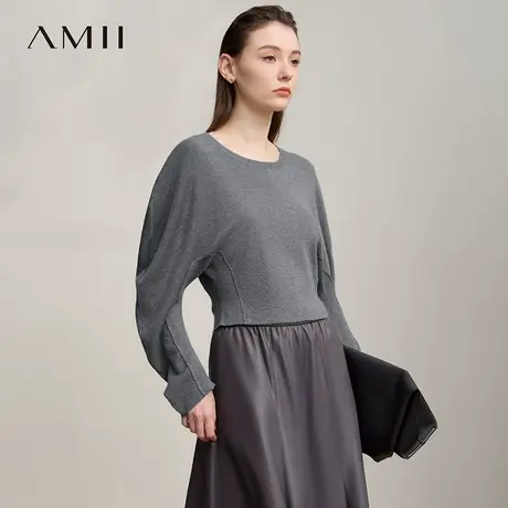 Amii2025秋新款极简纯色圆领弹力合体弹力插肩袖收腰套头短毛衣女商品大图