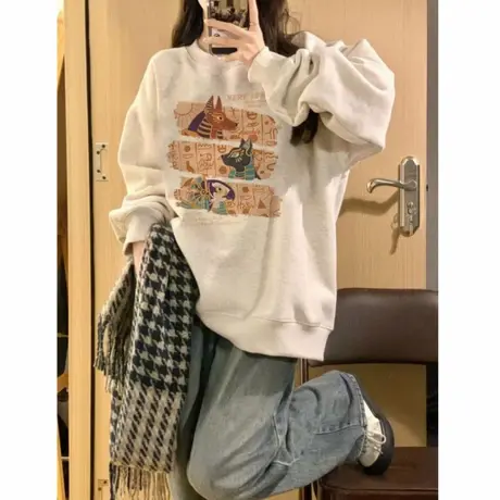 圆领卫衣女小个子秋冬加绒宽松小众设计感美式复古灰色套头上衣潮商品大图