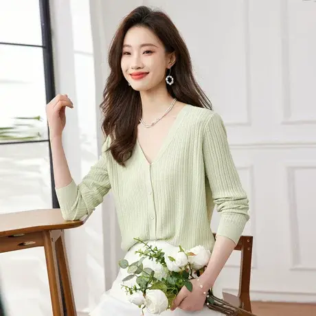 时尚气质长袖针织衫2023年夏季新款淑女温柔冰丝修身显瘦通勤上衣商品大图