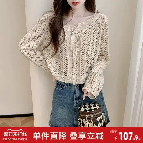 唐狮春夏季微镂空针法系带开衫薄款宽松型针织圆领针织衫图片