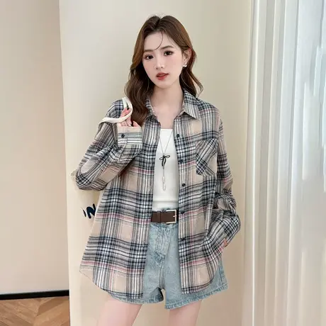 唐狮新款长袖衬衫女翻领格子衬衫复古日系超好看时尚潮流夹克TM商品大图