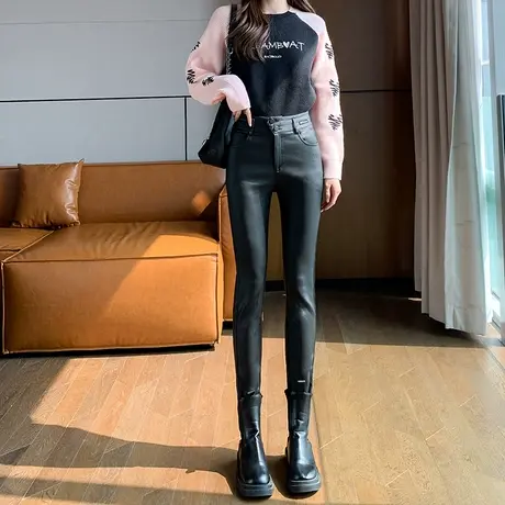 外穿黑色打底哑光皮裤女秋冬新款高腰显瘦加绒加厚修身小脚铅笔裤商品大图
