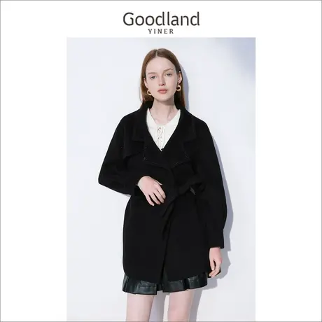 音儿美地女装2022冬季新款翻领纯羊毛双面呢围巾式大衣外套图片