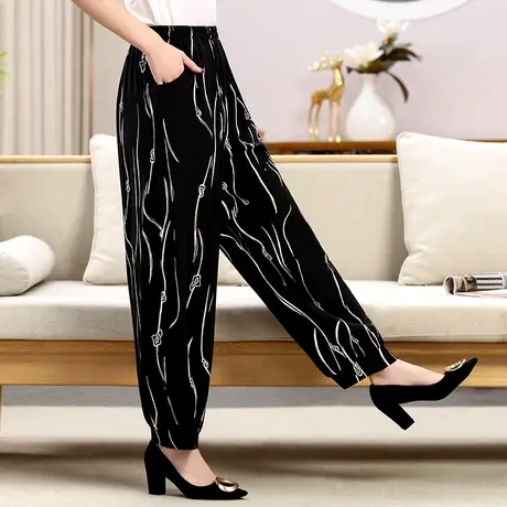 棉绸灯笼裤女夏季薄款松紧腰宽松花色中老年妈妈装广场舞阔腿裤图片