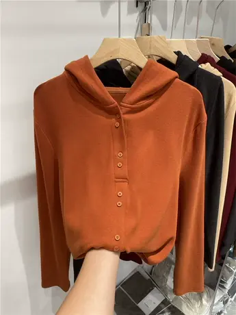 连帽纯色纽扣装饰双面德绒长袖卫衣女2023秋冬新款套头宽松上衣潮商品大图