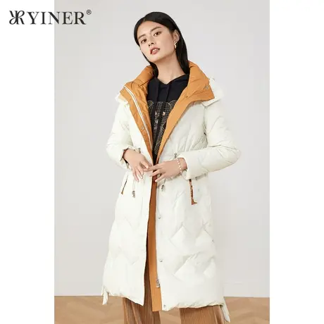 YINER音儿商场同款女装2021冬季新款长款撞色连帽加厚羽绒服商品大图