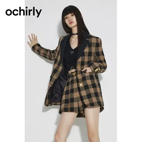 ochirly欧时力格子呢西装外套女新款春装撞色刺绣宽松中长款商品大图