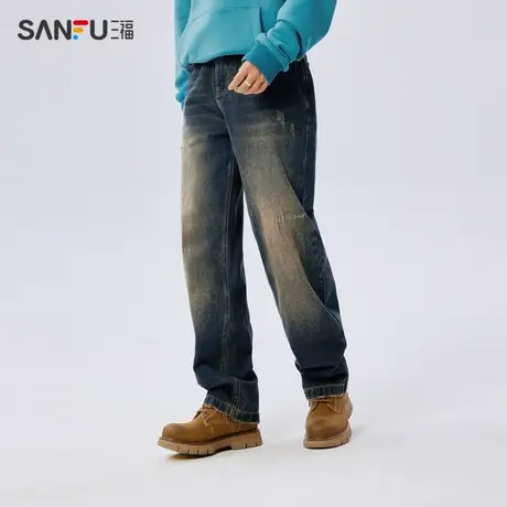 三福2023冬男士废土风磨破洗水牛仔裤 街头宽松直筒长裤477985商品大图