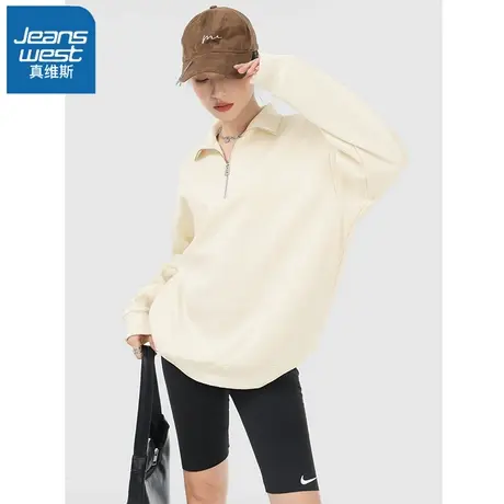 VR真维斯卫衣女春秋款2023新款宽松polo领上衣女士翻领半拉链外套图片