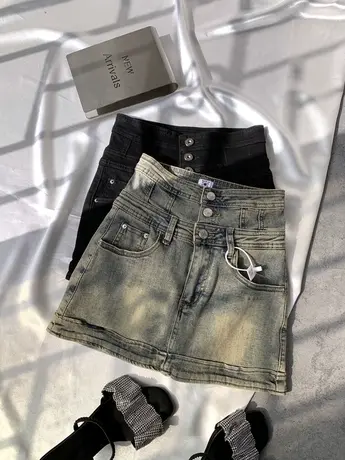 美式复古磨白排扣牛仔短裙2023新款显瘦百搭高腰弹力辣妹包臀短裙图片