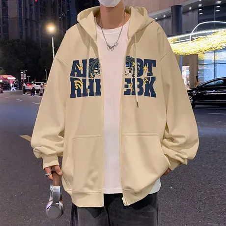 拉链开衫加绒保暖连帽卫衣男秋冬季新款立体发泡印花休闲上衣外套商品大图