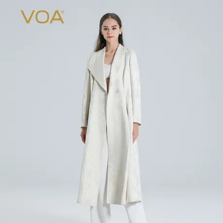 VOA乳白色38姆米重磅提花桑蚕丝不对称翻领长袖宽松百搭真丝风衣图片