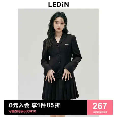 乐町设计感西装领连衣裙2023年春季黑色通勤高级感长袖裙子商品大图