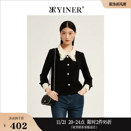 YINER音儿线上专选女装秋季时尚长袖设计感polo领钉珠针织衫上衣商品大图