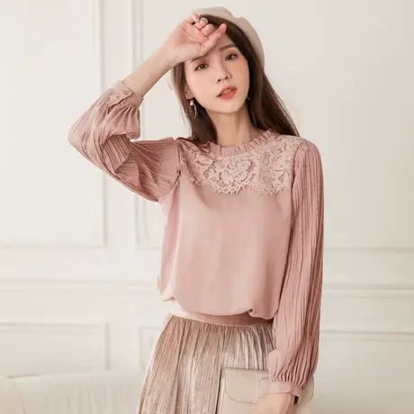 桔熊春秋法式浪漫小衫荷叶领蕾丝拼接百褶袖上衣女神大码AB14209图片