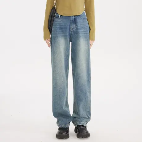 尔给2023早春新款显瘦裤子梨形身材宽松直筒复古高腰阔腿牛仔裤女商品大图