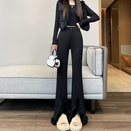 开叉兔毛微喇裤女冬季新款高腰修身显瘦弹力加绒加厚休闲喇叭裤子商品大图
