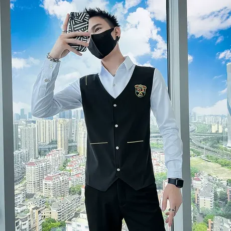 秋季拼接长袖衬衣潮牌发型师职业装工装休闲韩版修身潮流男士衬衫商品大图