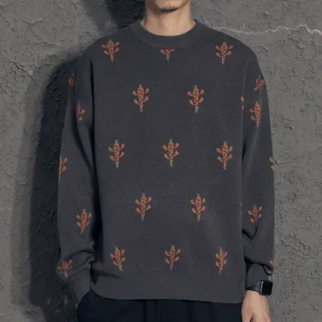 奕飏仙人掌提花男士文艺毛衣日系复古秋冬圆领韩版潮流个性针织衫商品大图