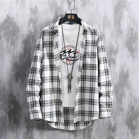 春秋季格子长袖衬衫男士外套韩版潮流宽松痞帅气寸衫休闲衬衣潮牌商品大图