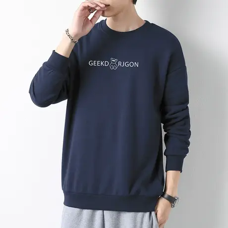 2023新款男士卫衣春秋款潮牌小熊印花套头无帽上衣加绒圆领长袖商品大图