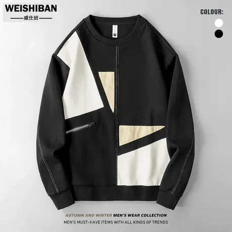 秋冬季设计感圆领套头卫衣男潮牌新款拼接贴布宽松痞帅加厚上衣服商品大图