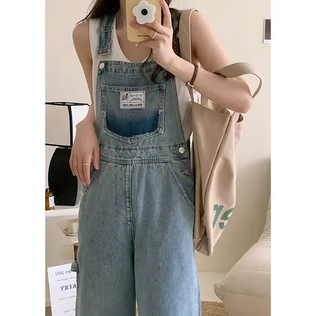 尔给美式显瘦炸街牛仔背带裤女夏小个子韩版宽松高腰窄版直筒裤商品大图