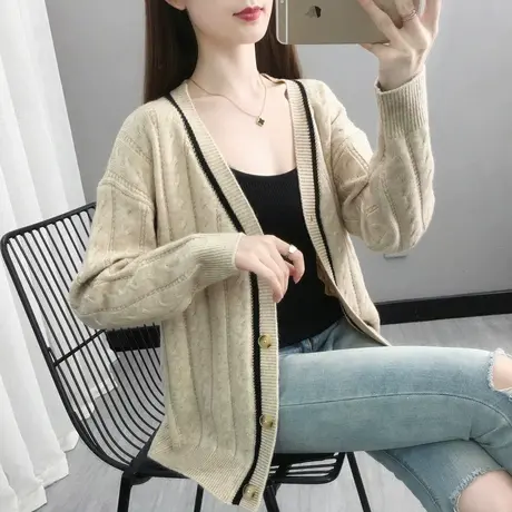 针织V领开衫女2025年春季新款复古宽松显瘦气质百搭麻花毛衣外套图片