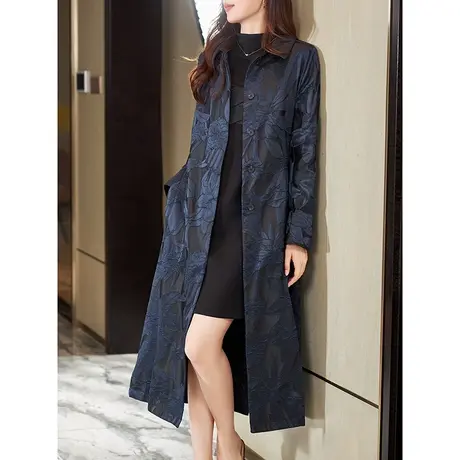 宝诗黎提花刺绣系带收腰薄外套2023秋季新款宽松休闲过膝长款大衣商品大图