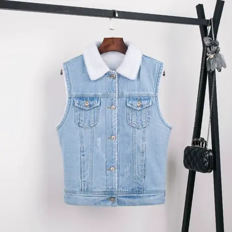 秋冬新款韩版加绒羊羔毛牛仔马甲女加厚马夹背心无袖外套浅色大码图片