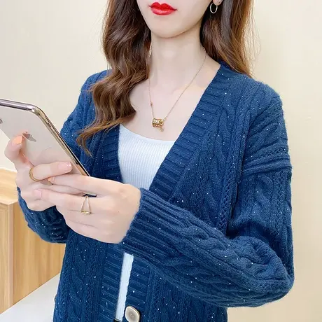 V领韩版麻花披肩亮片针织开衫女士短外套图片