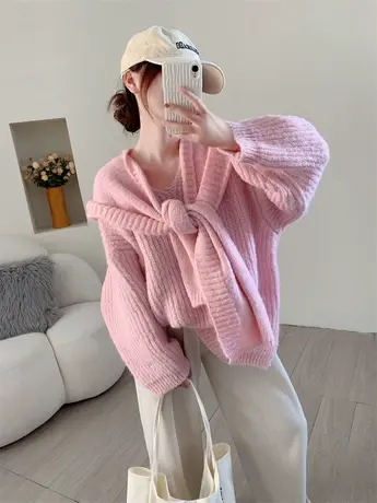 披肩连帽毛衣女外穿2023新款秋季宽松慵懒风软糯设计感针织衫上衣图片