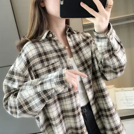 格子衬衫女设计感复古港味春款女装新款春秋长袖上衣女士衬衣宽松商品大图