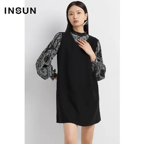 INSUN恩裳线上专选春季H型A摆灯笼袖印花连衣裙图片