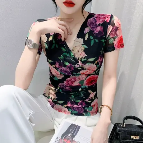 复古夏装2024新款印花网纱上衣女短袖性感交叉V领小衫修身显瘦T恤图片