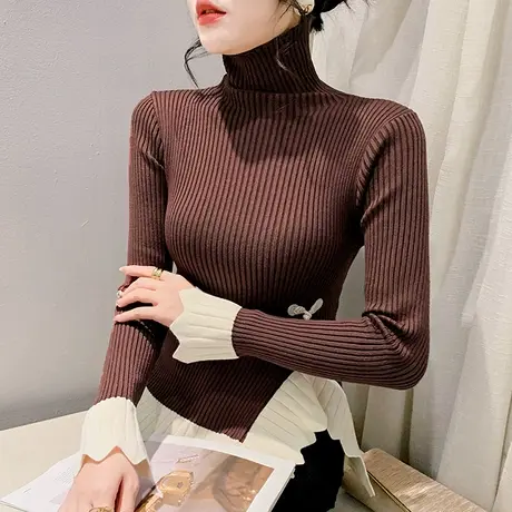 时尚高领针织衫长袖T恤女装高领撞色开叉毛衣洋气加厚修身打底衫商品大图