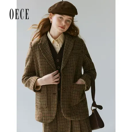 Oece复古千鸟格西装女2024春冬季新款半身裙两件套图片