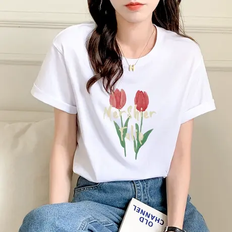 纯棉短袖T恤女2023年夏季新款潮牌美式复古宽松显瘦半袖体恤上衣商品大图