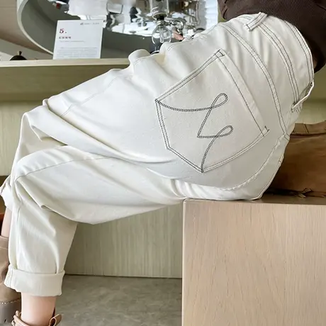 米白色高腰哈伦牛仔裤女九分2023新款显瘦设计感宽松小个子老爹裤商品大图