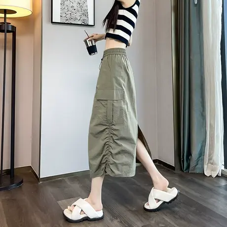 欧美速干工装半身裙女2023春秋新款高腰显瘦开叉半裙辣妹褶皱裙子图片